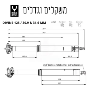מוט אוכף מתכוונן דרופר אורך 125 קוטר 31.6 בייקיוק Bikeyoke DIVINE
